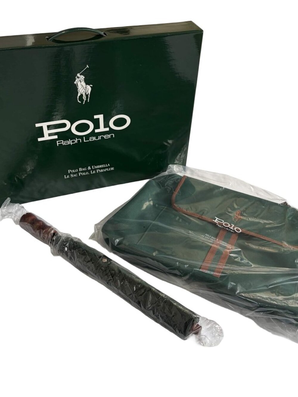 Vintage NWT Ralph Lauren Polo Green Travel Duffle Bag & Umbrella Set with Box